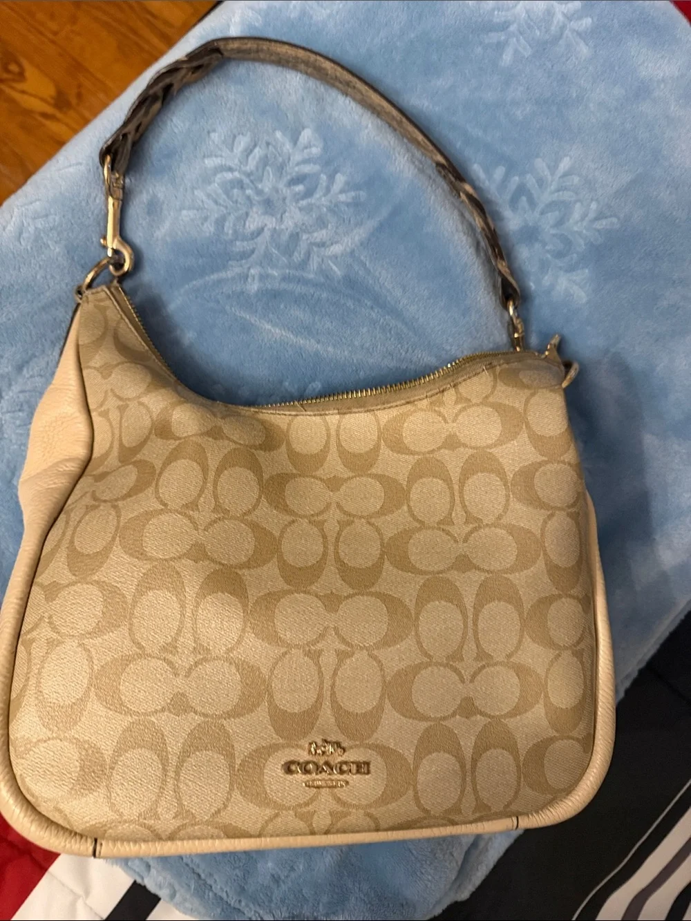 Coach Beige Signature Jacquard Hobo Shoulder Bag